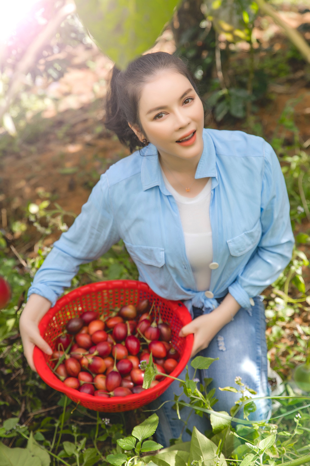 Lý Nhã Kỳ giản dị tự tay thu hoạch vườn cà chua và xà lách trên nông trại ở Đà Lạt